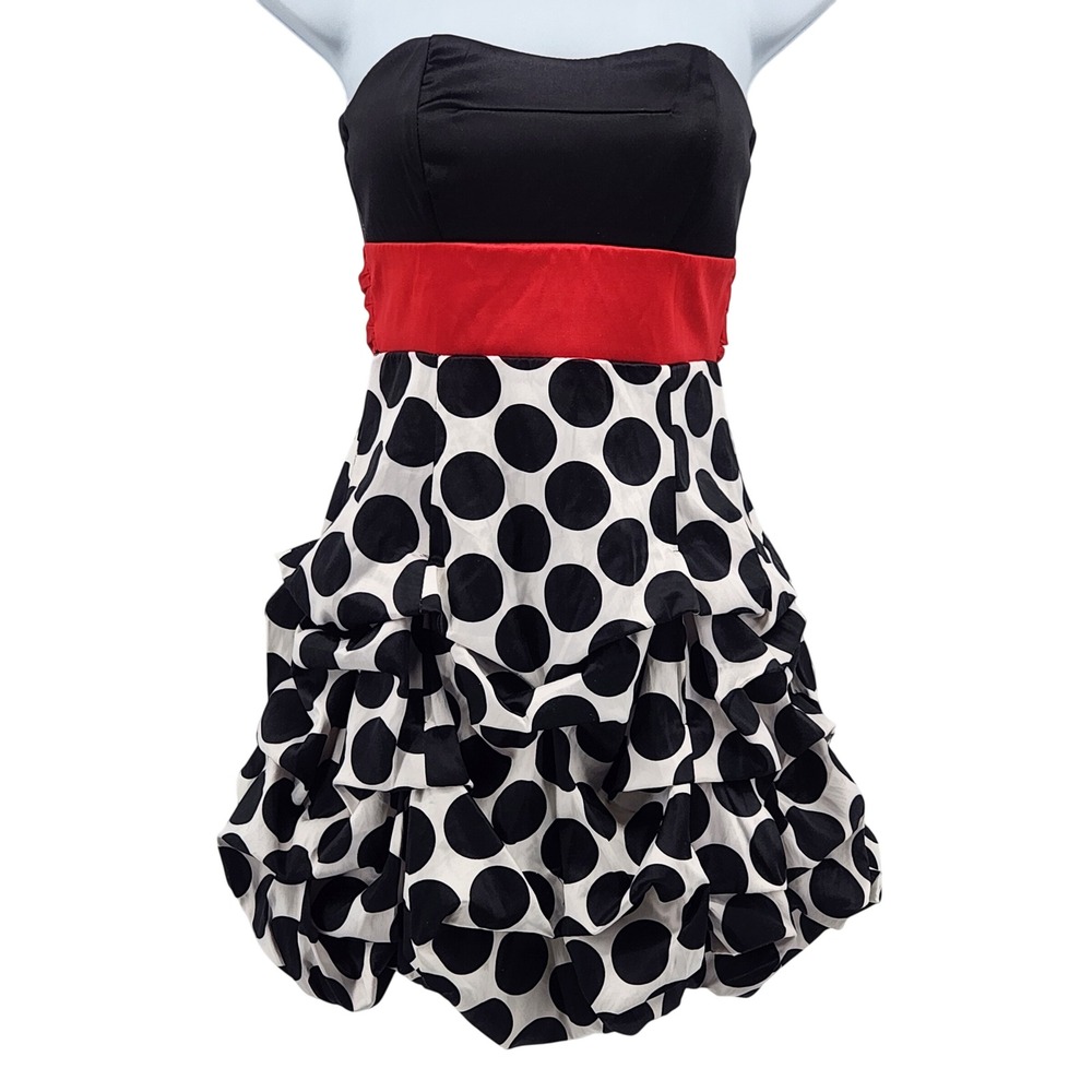 Strapless Polka Dot Bubble Hem Mini Dress Size 3 White Red Sash Bow Retro Y2K‎